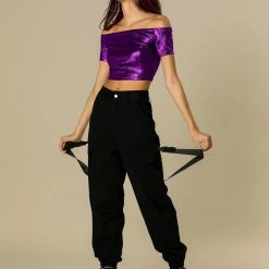 Allegra K Metallic Shiny Party Club Off Shoulder Crop Top