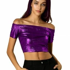 Allegra K Metallic Shiny Party Club Off Shoulder Crop Top