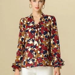 Allegra K Tie V Neck Blouse Long Trumpet Sleeve Floral Shirt Women