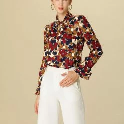 Allegra K Tie V Neck Blouse Long Trumpet Sleeve Floral Shirt Women