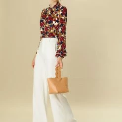 Allegra K Tie V Neck Blouse Long Trumpet Sleeve Floral Shirt Women