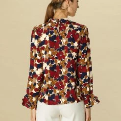 Allegra K Tie V Neck Blouse Long Trumpet Sleeve Floral Shirt Women