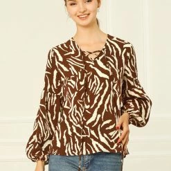 Allegra K Animal Zebra Print Bishop Long Sleeves Loose Tie Neck Blouse Women 11 Allegra K Animal Zebra Print Bishop Long Sleeves Loose Tie Neck Blouse Women