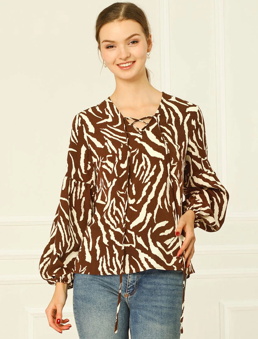 Allegra K Animal Zebra Print Bishop Long Sleeves Loose Tie Neck Blouse Women 5 Allegra K Animal Zebra Print Bishop Long Sleeves Loose Tie Neck Blouse Women