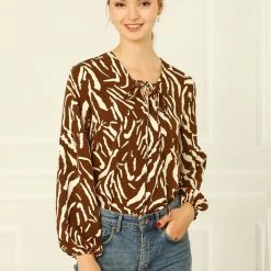 Allegra K Animal Zebra Print Bishop Long Sleeves Loose Tie Neck Blouse Women 12 Allegra K Animal Zebra Print Bishop Long Sleeves Loose Tie Neck Blouse Women