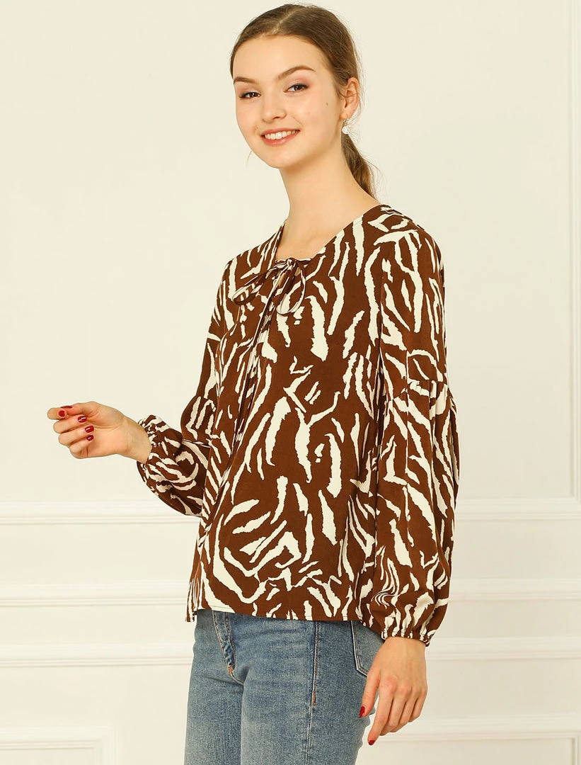 Allegra K Animal Zebra Print Bishop Long Sleeves Loose Tie Neck Blouse Women 7 Allegra K Animal Zebra Print Bishop Long Sleeves Loose Tie Neck Blouse Women
