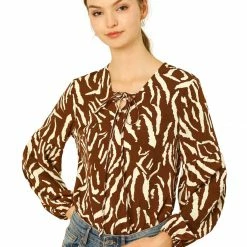 Allegra K Animal Zebra Print Bishop Long Sleeves Loose Tie Neck Blouse Women