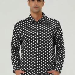 Allegra K Tops Men's Polka Dots Long Sleeve Slim Fit Printed Dress Button Down Shirt