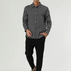 Allegra K Tops Men's Polka Dots Long Sleeve Slim Fit Printed Dress Button Down Shirt