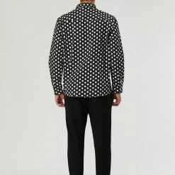 Allegra K Tops Men's Polka Dots Long Sleeve Slim Fit Printed Dress Button Down Shirt