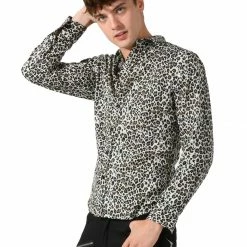 Allegra K Tops Men Vintage Leopard Print Button Down Long Sleeve Cotton Casual Shirt