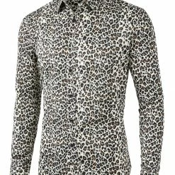 Allegra K Tops Men Vintage Leopard Print Button Down Long Sleeve Cotton Casual Shirt