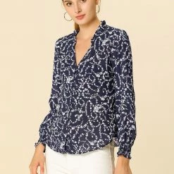 Women Allegra K Floral Print Top Ruffle V Neck Long Sleeves Button Down Shirt 11 Women Allegra K Floral Print Top Ruffle V Neck Long Sleeves Button Down Shirt