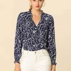 Women Allegra K Floral Print Top Ruffle V Neck Long Sleeves Button Down Shirt 12 Women Allegra K Floral Print Top Ruffle V Neck Long Sleeves Button Down Shirt