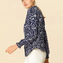 Women Allegra K Floral Print Top Ruffle V Neck Long Sleeves Button Down Shirt 13 Women Allegra K Floral Print Top Ruffle V Neck Long Sleeves Button Down Shirt
