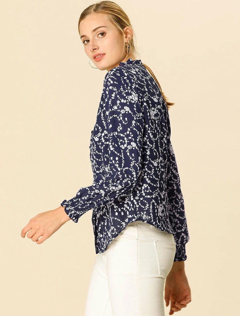 Women Allegra K Floral Print Top Ruffle V Neck Long Sleeves Button Down Shirt 7 Women Allegra K Floral Print Top Ruffle V Neck Long Sleeves Button Down Shirt
