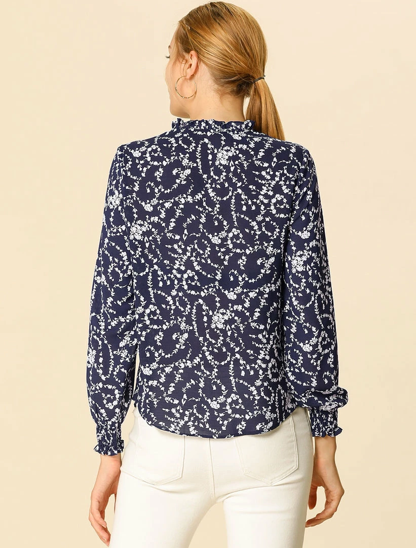 Women Allegra K Floral Print Top Ruffle V Neck Long Sleeves Button Down Shirt 8 Women Allegra K Floral Print Top Ruffle V Neck Long Sleeves Button Down Shirt