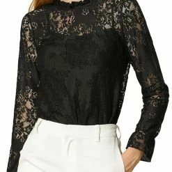 Allegra K Women‘s Chroect Lace See Through Floral Color Block Blouse