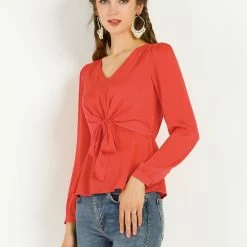 Allegra K Long Sleeve V Neck Tie Front Solid Color Blouse Top 11 Allegra K Long Sleeve V Neck Tie Front Solid Color Blouse Top