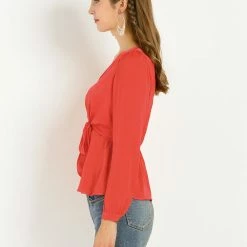 Allegra K Long Sleeve V Neck Tie Front Solid Color Blouse Top 13 Allegra K Long Sleeve V Neck Tie Front Solid Color Blouse Top