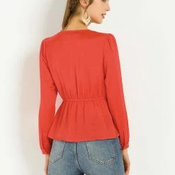 Allegra K Long Sleeve V Neck Tie Front Solid Color Blouse Top 14 Allegra K Long Sleeve V Neck Tie Front Solid Color Blouse Top