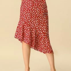 Allegra K Women's Leopard Floral Printed Ruffle Hem Mermaid Asymmetrical Midi Skirt