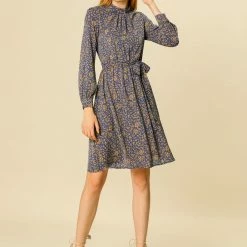 Allegra K Floral Long Sleeve Mock Neck Tie Waist Dress