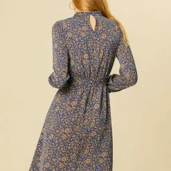Allegra K Floral Long Sleeve Mock Neck Tie Waist Dress