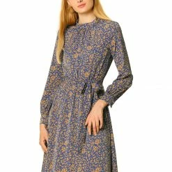 Allegra K Floral Long Sleeve Mock Neck Tie Waist Dress