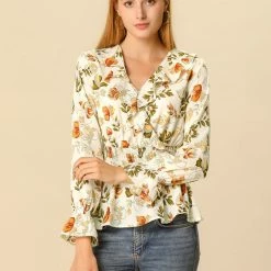 Allegra K Ruffle Lapel V Neck Blouse Long Smocked Elastic Sleeve Floral Peplum Top 11 Allegra K Ruffle Lapel V Neck Blouse Long Smocked Elastic Sleeve Floral Peplum Top