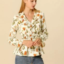 Allegra K Ruffle Lapel V Neck Blouse Long Smocked Elastic Sleeve Floral Peplum Top 12 Allegra K Ruffle Lapel V Neck Blouse Long Smocked Elastic Sleeve Floral Peplum Top