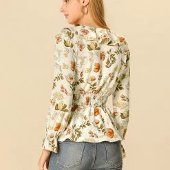 Allegra K Ruffle Lapel V Neck Blouse Long Smocked Elastic Sleeve Floral Peplum Top 14 Allegra K Ruffle Lapel V Neck Blouse Long Smocked Elastic Sleeve Floral Peplum Top