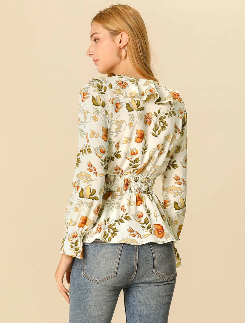 Allegra K Ruffle Lapel V Neck Blouse Long Smocked Elastic Sleeve Floral Peplum Top 8 Allegra K Ruffle Lapel V Neck Blouse Long Smocked Elastic Sleeve Floral Peplum Top