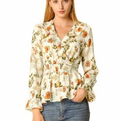 Allegra K Ruffle Lapel V Neck Blouse Long Smocked Elastic Sleeve Floral Peplum Top