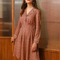 Allegra K Women's Bohemian Floral Long Sleeve Deep V Neck Elastic Waist Back Chiffon Vintage Dress