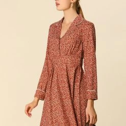 Allegra K Women's Bohemian Floral Long Sleeve Deep V Neck Elastic Waist Back Chiffon Vintage Dress