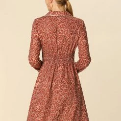 Allegra K Women's Bohemian Floral Long Sleeve Deep V Neck Elastic Waist Back Chiffon Vintage Dress