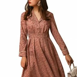 Allegra K Women's Bohemian Floral Long Sleeve Deep V Neck Elastic Waist Back Chiffon Vintage Dress