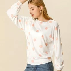 Allegra K Women's Loose Casual Polka Dot Long Sleeve Top