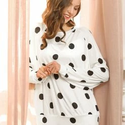 Allegra K Women's Loose Casual Polka Dot Long Sleeve Top