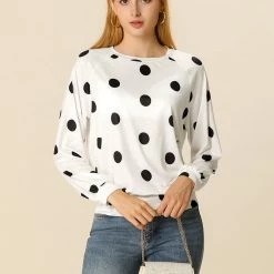Allegra K Women's Loose Casual Polka Dot Long Sleeve Top