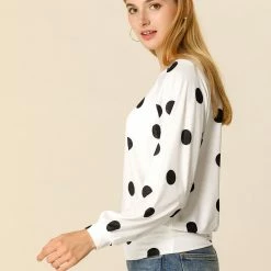 Allegra K Women's Loose Casual Polka Dot Long Sleeve Top
