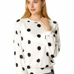 Allegra K Women's Loose Casual Polka Dot Long Sleeve Top