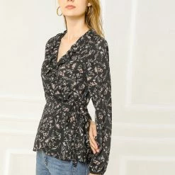 Allegra K Floral Print Crossover Ruffle V Neck Self Tie Wrap Peplum Top Women