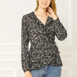 Allegra K Floral Print Crossover Ruffle V Neck Self Tie Wrap Peplum Top Women