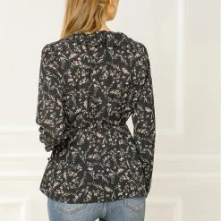 Allegra K Floral Print Crossover Ruffle V Neck Self Tie Wrap Peplum Top Women