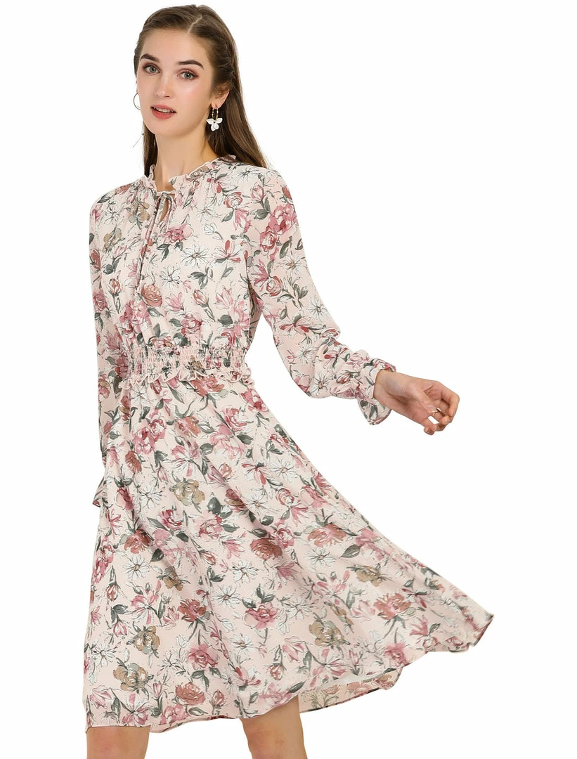Allegra K Women's Vintage Floral Tie V Neck Smocked Waist Ruffle Dress 11 Allegra K Women's Vintage Floral Tie V Neck Smocked Waist Ruffle Dress