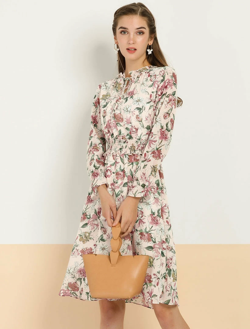 Allegra K Women's Vintage Floral Tie V Neck Smocked Waist Ruffle Dress 12 Allegra K Women's Vintage Floral Tie V Neck Smocked Waist Ruffle Dress