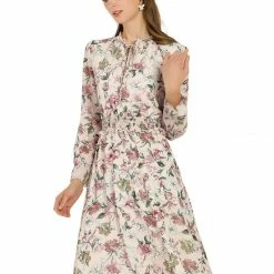 Allegra K Women's Vintage Floral Tie V Neck Smocked Waist Ruffle Dress 22 Allegra K Women's Vintage Floral Tie V Neck Smocked Waist Ruffle Dress