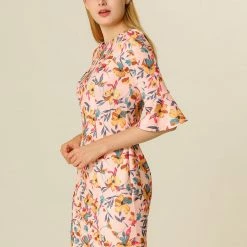 Allegra K Boat Neck Bell Sleeve Floral Dress Women